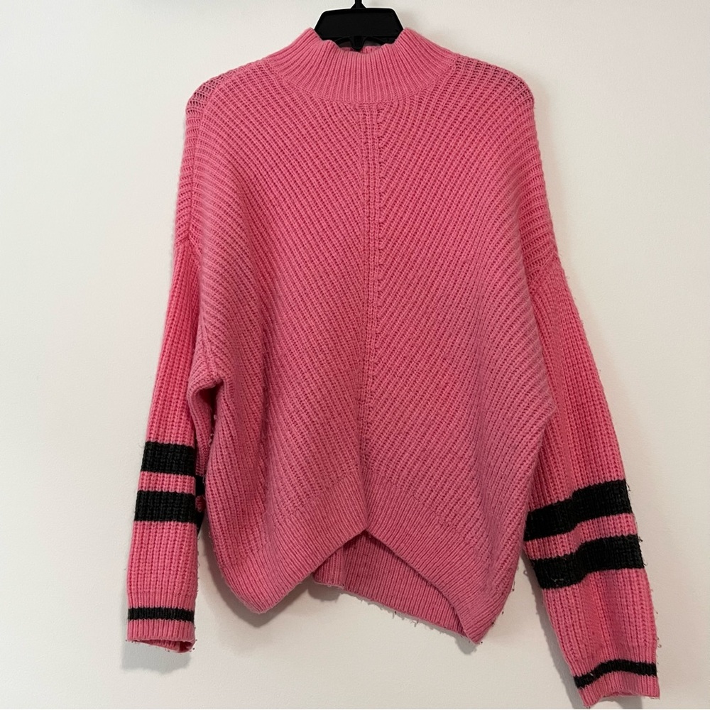 Express, pink mock neck sweater with grey variety stripes on sleeves.